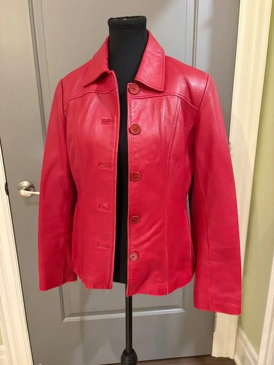Danier Red Leather Button-Front Jacket - Picture 4 of 11
